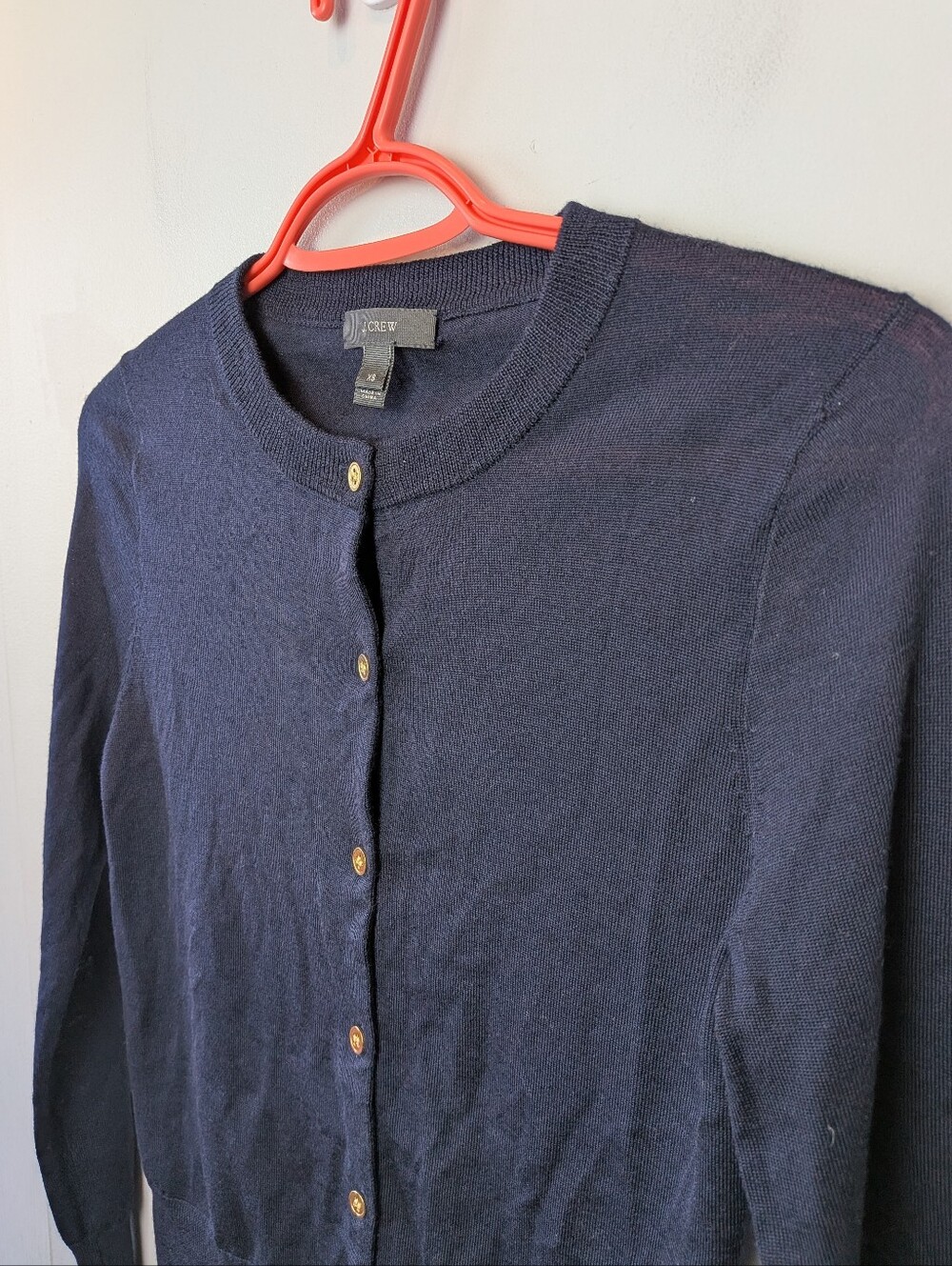 J CREW Women Button Up Cardigan 100% Merino Wool Size XS Navy Blue Gold Buttons